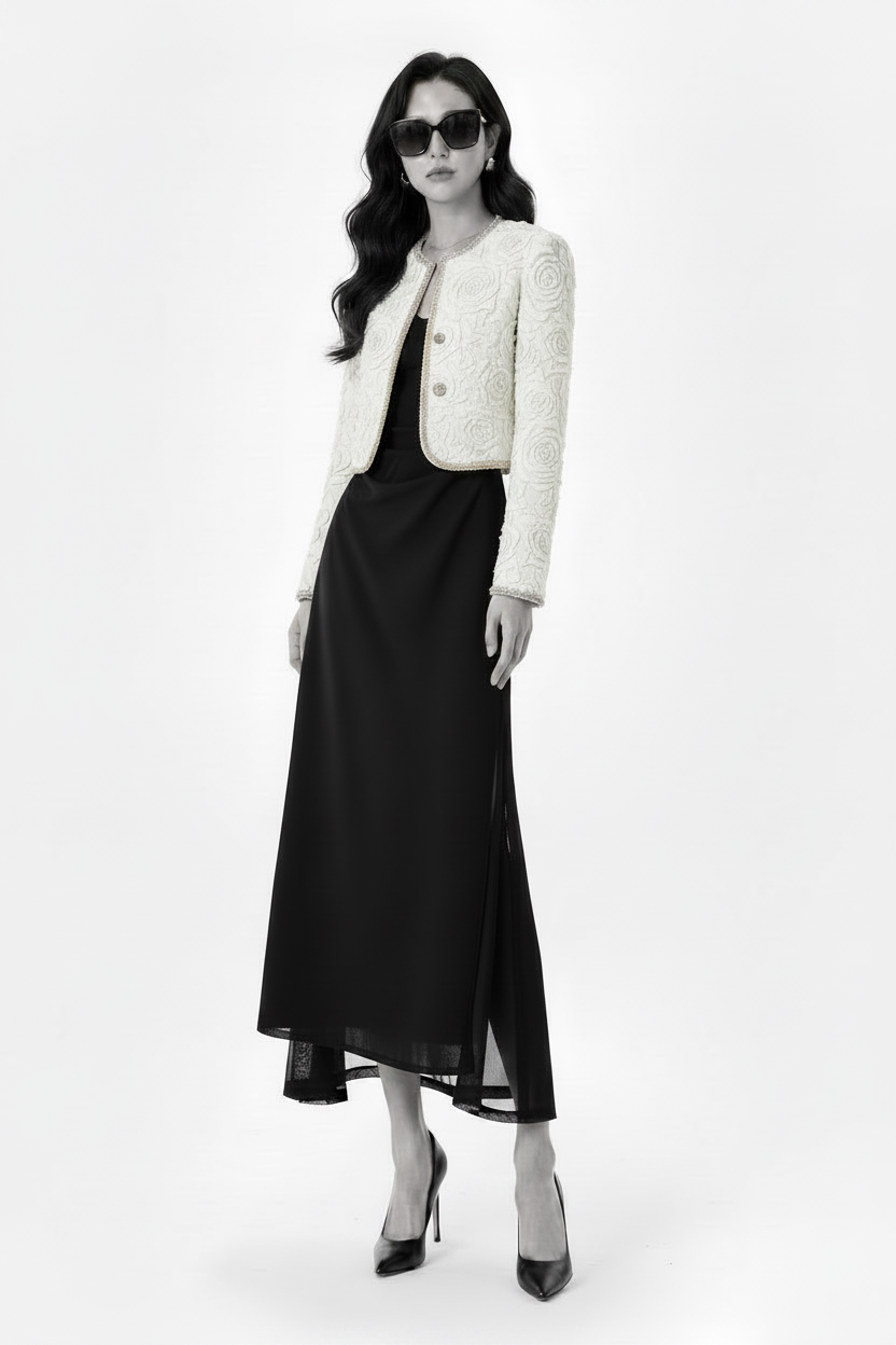 Elegant Long Black Dress with White Rose Embroid Crop top Jacket