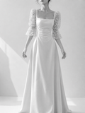 Elegant Long White Dress with Flowery-Princess Sleeves